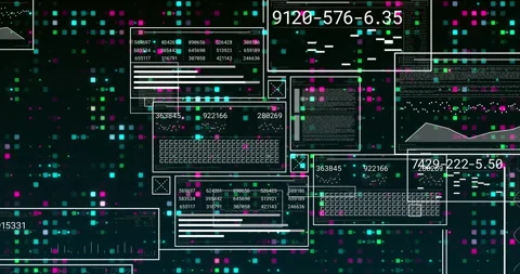 On interface loading UI panels floating, filling numbers and pulsing gauge Stock Footage 310864156