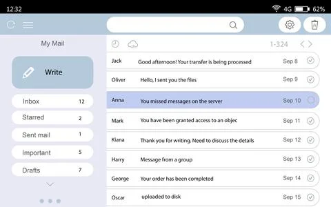 Interface of mailbox, illustration. User's account with emails Ilustración de archivo