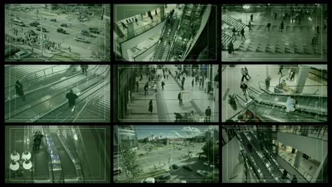 Interface of a multi‑camera surveillance system: a security service monitors Stock Footage 330123738