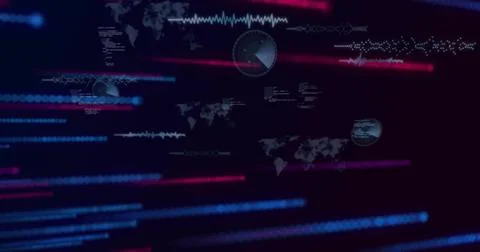 Interface occupying black void, with data streams, radar UI, map outlines and Stock Illustration