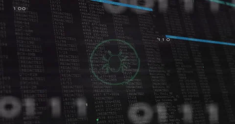 Interface opening, bug icon animating with circuits, code, scan line simulating Stock Footage 313639830