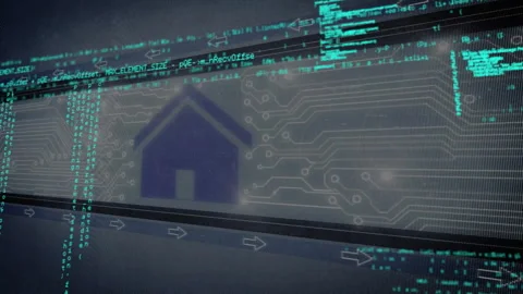 Interface opening on dark circuitry, green code streaming over house icon for Stock Footage 310140976