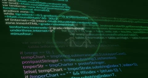 Interface opening on dark green UI JS code scrolling bug icon pulsing circuit Stock Footage 315558359