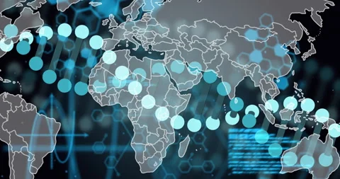 Interface opening showing world map, sine wave pulsing, code sliding and circles Stock Footage 310863986