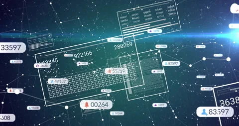 Interface opening on teal node field, panels drifting while grid emerging and 스톡 동영상 312898252