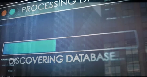 Interface overlay appearing over city processing data filling bar, glitching, 動画素材 317128541