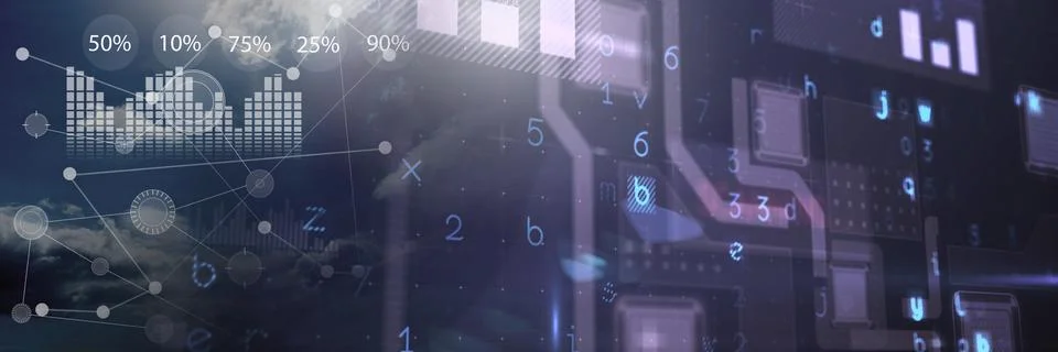 Interface overlay of connection statistics graphics with computers transition Stock Illustration