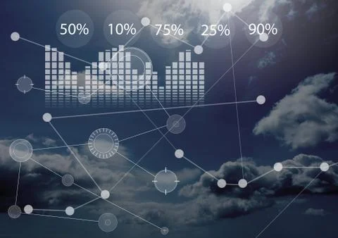 Interface overlay of connection statistics graphics with dark sky background Illustrazione stock