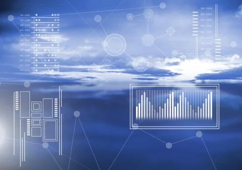Interface overlay of connection statistics graphics with cloudy sky background Illustrazione stock