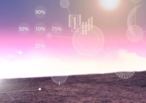 Interface overlay of connection statistics graphics with purple haze sky Stock Illustration
