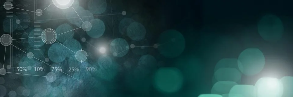 Interface overlay of connection statistics graphics with sparkling lights bokeh Illustrazione stock