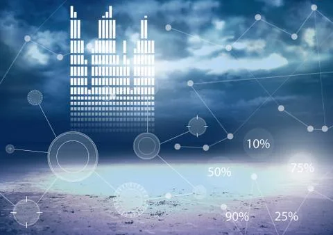 Interface overlay of connection statistics graphics with dark sky background Illustrazione stock