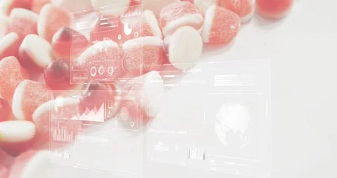 Interface panels appearing over red white candies drawing charts pulsing globe Stock Footage 317793817
