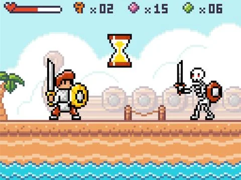 Interface of pixel game, hero or character knight ready to fight with skeleton Stock Illustration