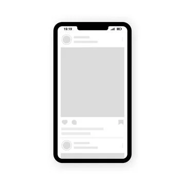 Interface post feed with smartphone. Social network photo frame mockup template Stock Illustration