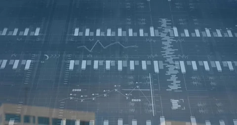 Interface projecting flat design data visuals overlay, displaying bar charts Video stock 329033728