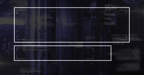 Interface rectangles hovering in data center, with server racks, network cables Illustrazione stock