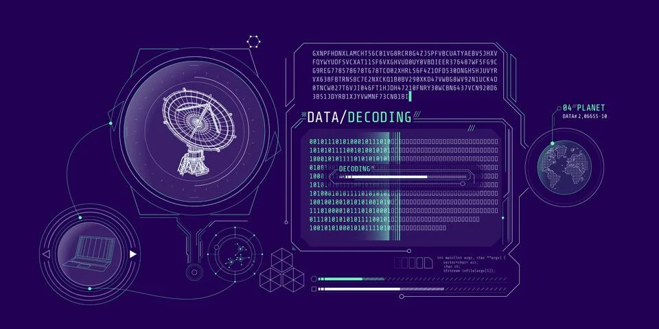 Interface screen for decoding radio telescope data. Stock Illustration