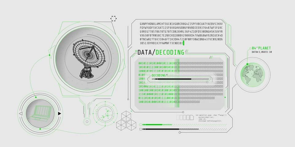 Interface screen for decoding radio telescope data. Illustrazione stock