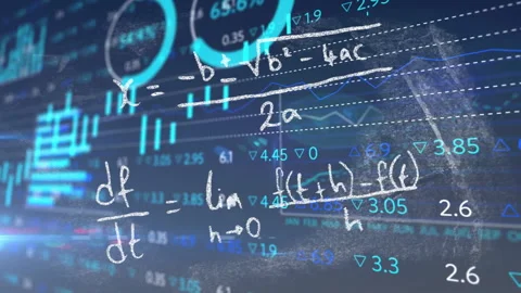 Interface showing chalk-style math formulas on dark grid while candlestick bars Stock Footage 309288176