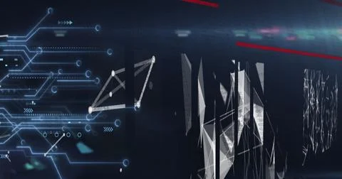 Interface showing glowing circuits and arrows, white triangular net, polygon 写真素材