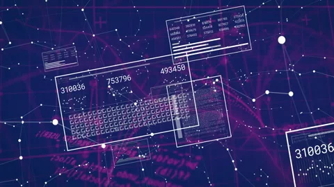Interface showing panels displaying numeric data, floating over purple-blue Stock Footage 307462010