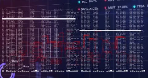 Interface showing tables and wireframes, tickers with % changes, separators  and Stock Illustration