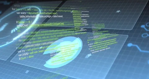 Interface starting, translucent blue 3D disc rotating and tilting while neon Stock Footage 329533911