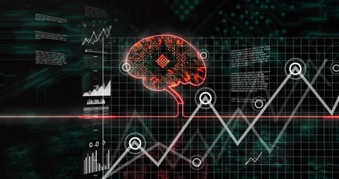 On interface startup glowing brain icon connecting neon line, charts sliding Stock Footage 309681490