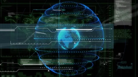 On interface startup, scan bar sliding across glowing globe, revealing data Stock Footage 311454423