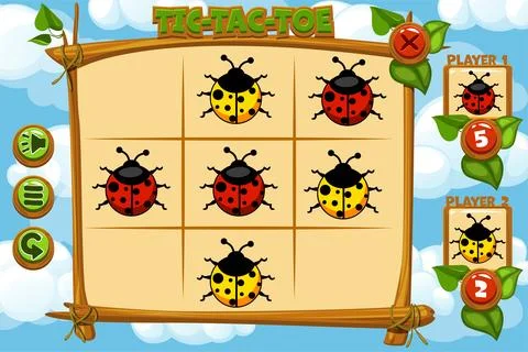 Interface Tic-Tac-Toe Game UI with players-colored ladybugs . Board logic g.. Stock Illustration