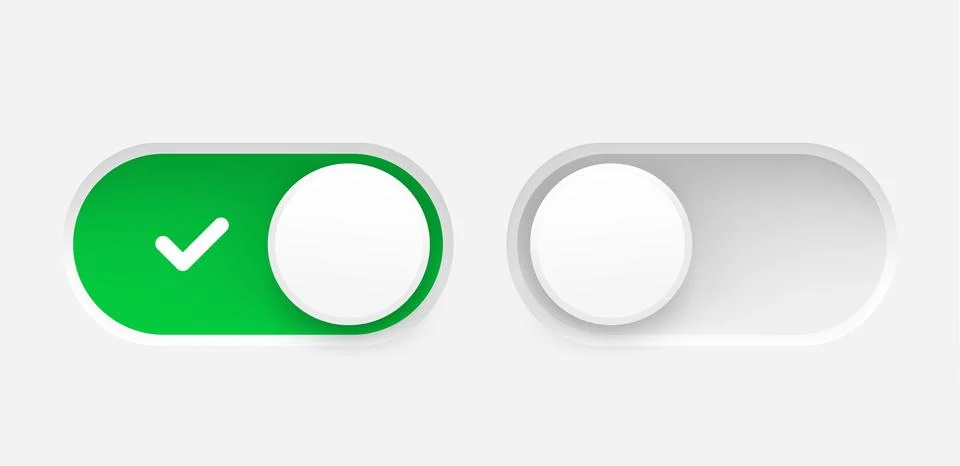 Interface toggle buttons set. On Off switch. 3d vector element idolated on .. Illustrazione stock