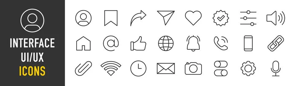 Interface ui, ux web icons in line style. User, profile, message, mobile ap.. Ilustración de archivo