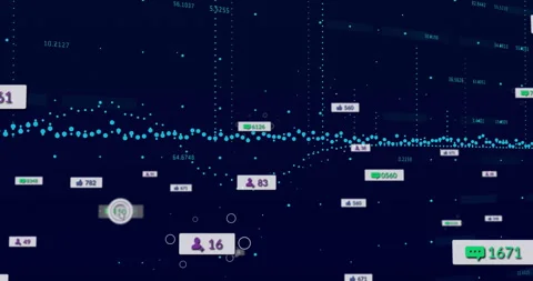Interface visualizing turquoise data clusters on navy field, showing social Stock Footage 307443256