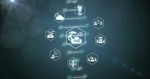 Interface zooming out globe hex steady while peripheral icons forming ring to Stock Footage 331712899