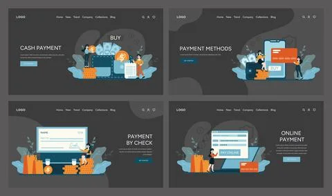 Interfaces for cash transactions, various payment options, check processing, and Illustrazione stock