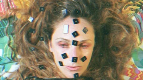 Interference on android woman with keyboard keys and cable Stock Footage 129268158