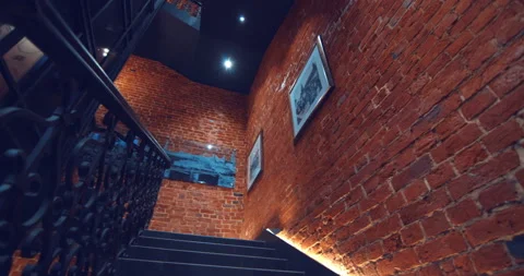 Interfloor span and staircase of a new brick building in the old classic style  Stock Footage 119560438