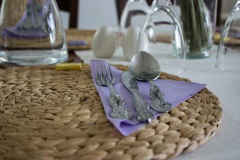 Interier decoration dining table setting at Provence style in a modern house Stock Photos