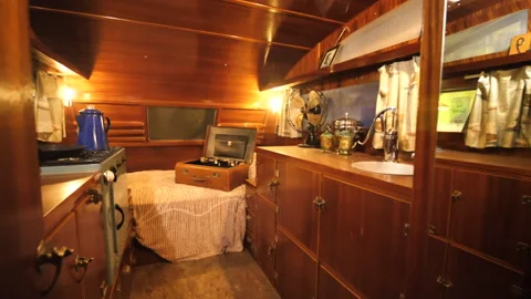 Interior of 1936 Masterbuilt Camper Trailer, Vintage Traveling Vehicle Stock Footage 265050072