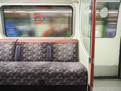 Interior of a 1972 Bakerloo line underground train showing the vintage seating Stock Photos