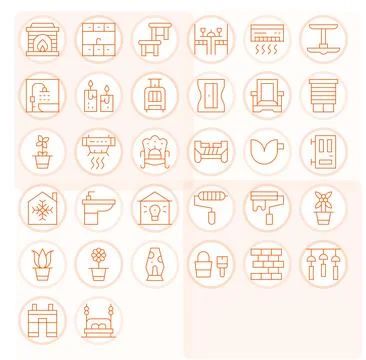 Interior 256x256 Vector Icon Pack with 32 Thin Line Pixel Aligned Elements Stock Illustration