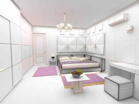 Interior 3D bedrooms with bed and a window to the street Stock Illustration