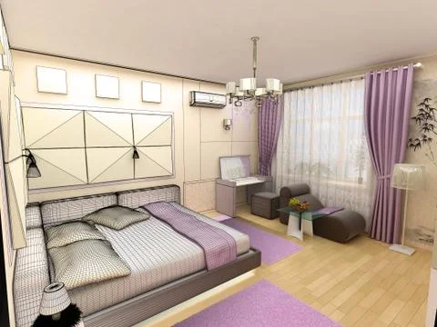 Interior 3D bedrooms with bed and a window to the street Stock Illustration