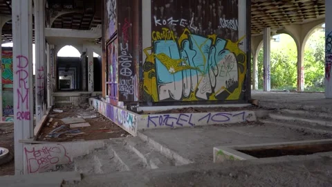 Interior of abandoned and destroyed luxury hotel Palace Haludovo Stock Footage 241405002