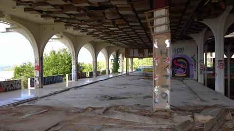 Interior of abandoned and destroyed luxury hotel Palace Haludovo Stock Footage 241405077