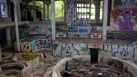 Interior of abandoned and destroyed luxury hotel Palace Haludovo Stock Footage 241405282
