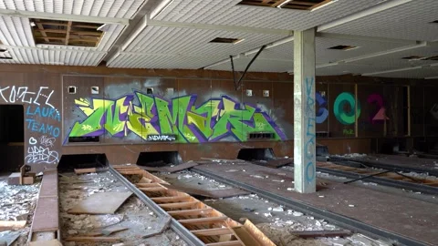 Interior of an abandoned and destroyed luxury hotel Palace Haludovo Stock Footage 241406057