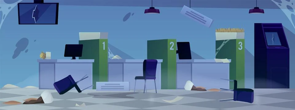 The interior of an abandoned and run-down bank office: cobwebs, dirt, broken Stock Illustration