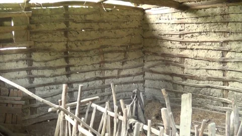 The interior of the abandoned stables and the dish of food for the sheep Stock Footage 111253620
